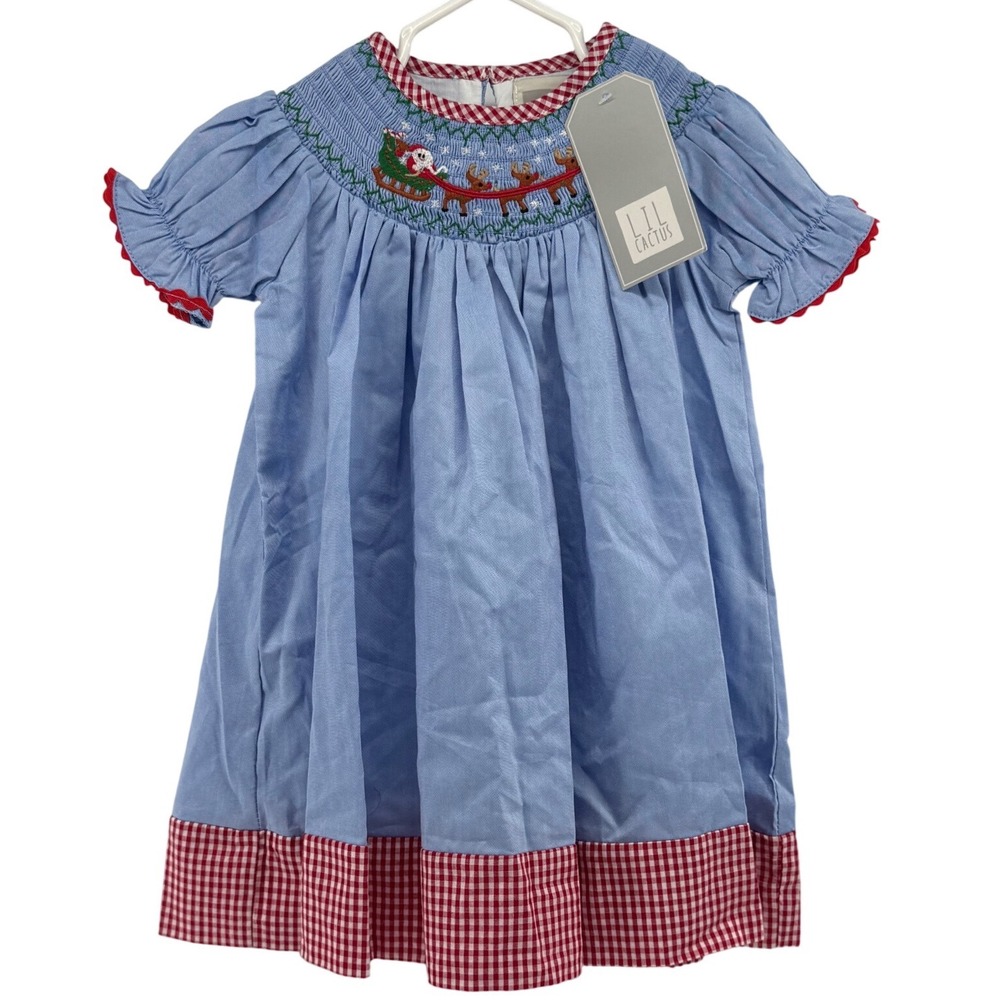 Lil Cactus Light Blue Santa Sleigh Smocked Christmas Dress 12-18M NWT MSRP $42